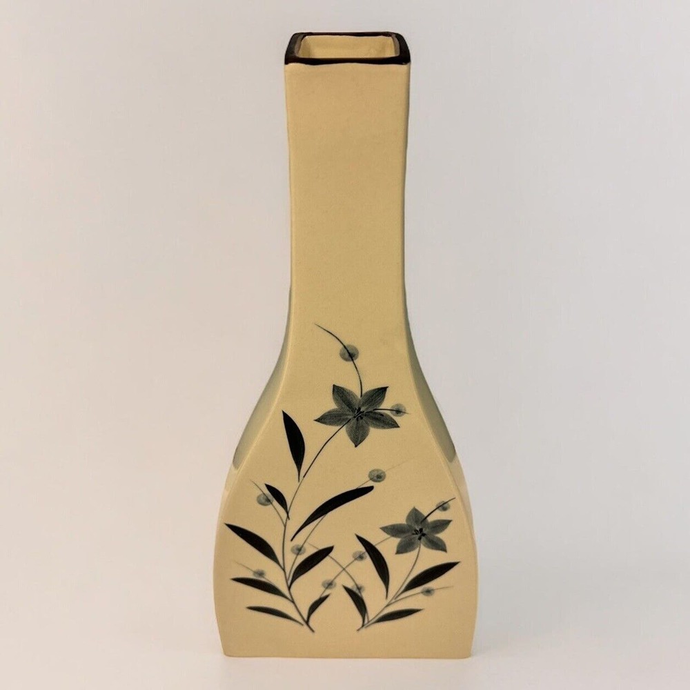 Gray/Tan Tall 14.5” Sleek Vase Painted Blue‎ Flowers Twigs And Berries